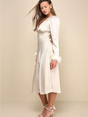 Lulu's Cream Satin Long Sleeve Midi Dress with Feather Cuffs